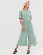 Asos Design Tea Jumpsuit With Ruched Sleeve Detail-green