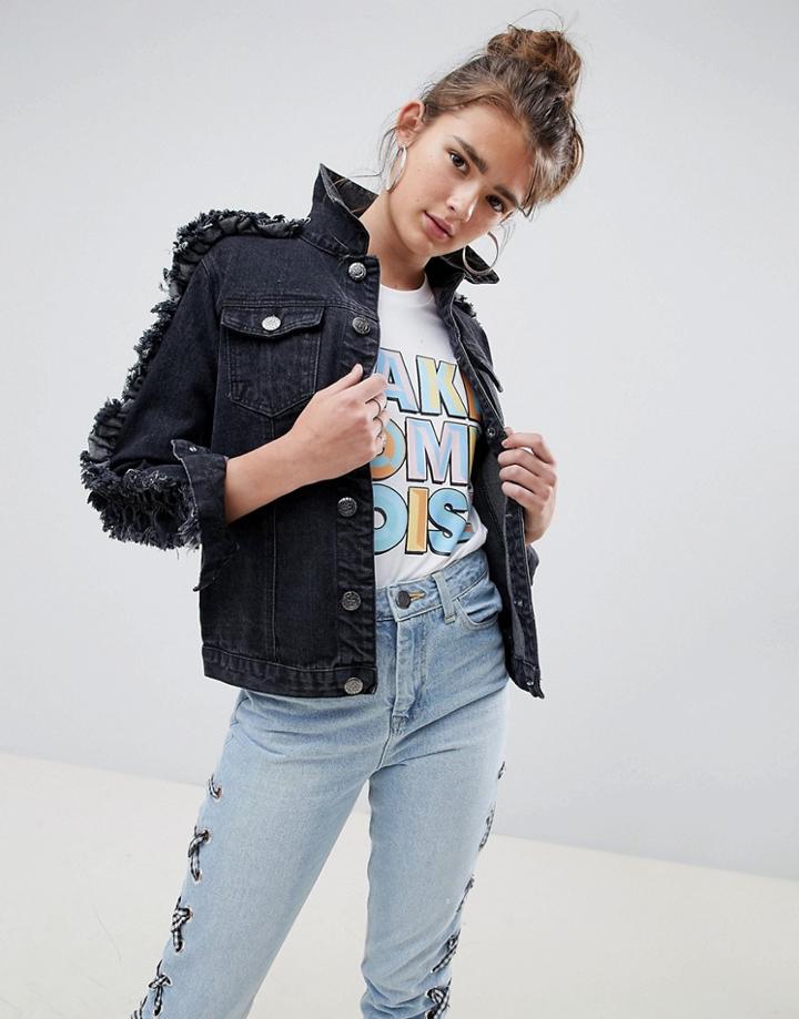 Daisy Street Denim Jacket With Ruffle Sleeves - Black