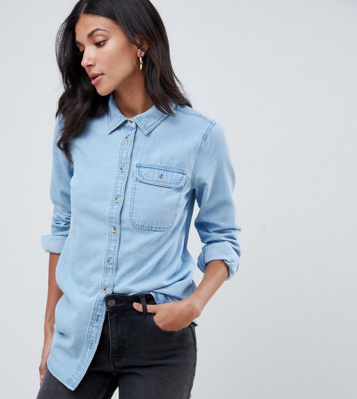 Asos Design Tall Denim Shirt With Pocket In Midwash Blue