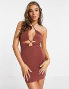 Pull & Bear Gathered Cut Out Dress In Brown