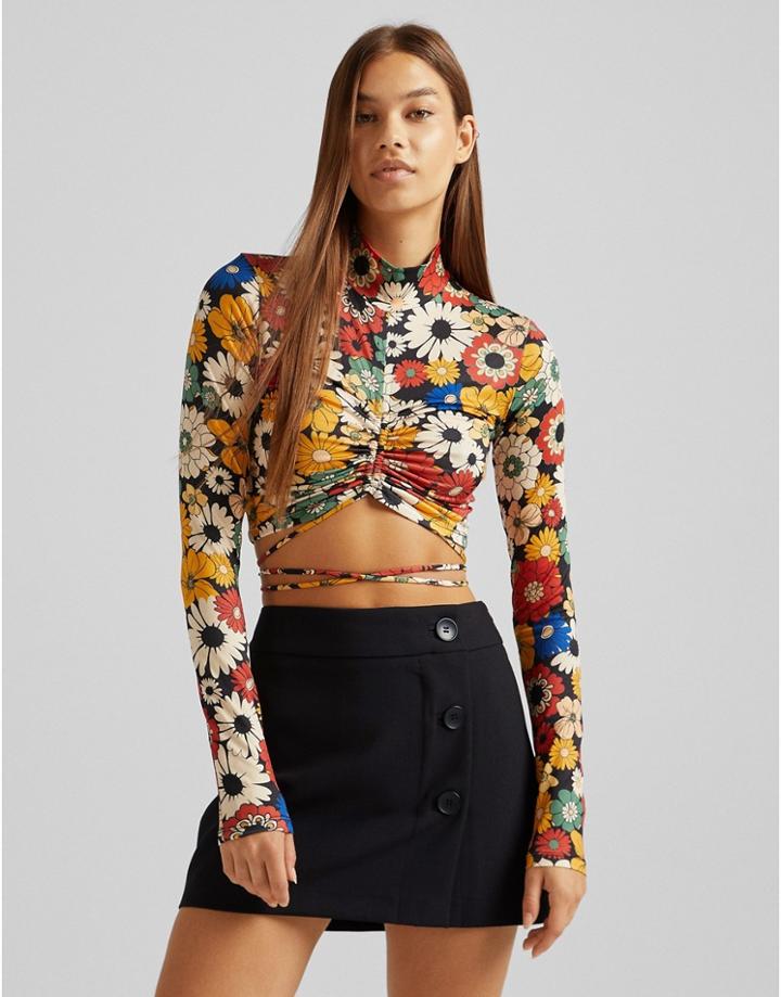 Bershka High Neck Floral Crop Top In Multi