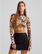 Bershka High Neck Floral Crop Top In Multi