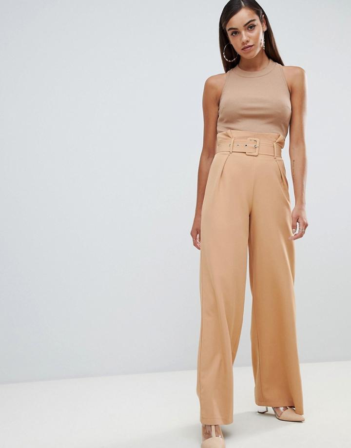 Missguided Belted Paperbag Pants - Beige