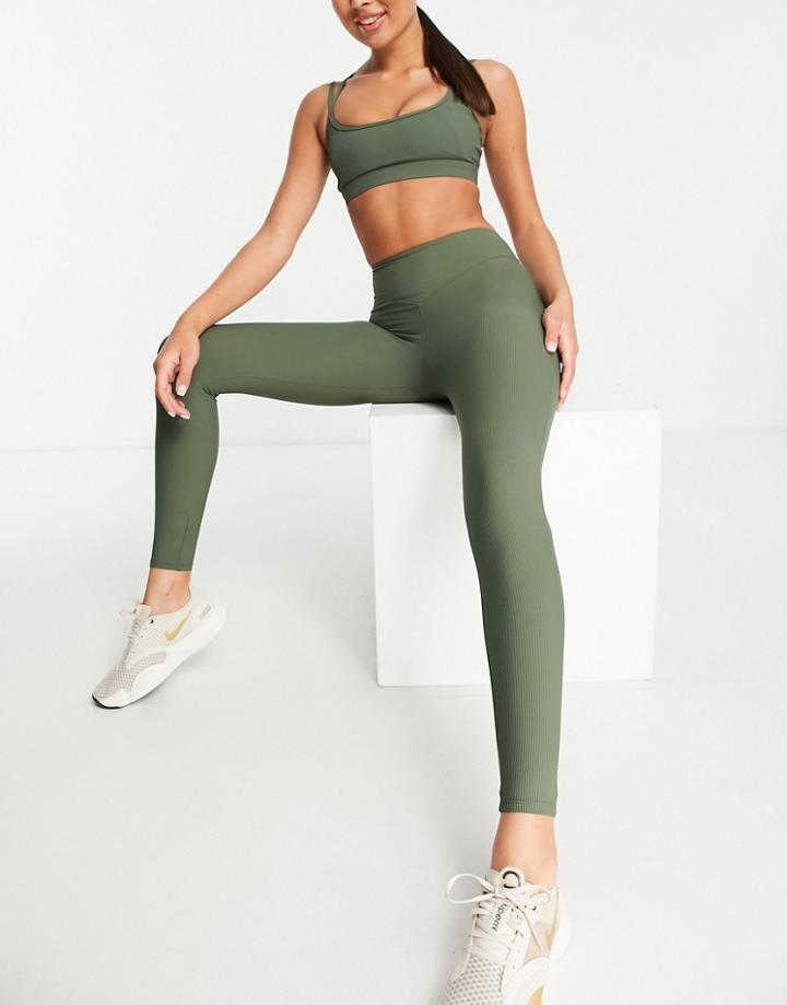 South Beach Ribbed High Waist Leggings In Deep Khaki-green