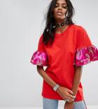 Reclaimed Vintage Inspired Oversized T-shirt With Brocade Ruffle Sleeves - Red