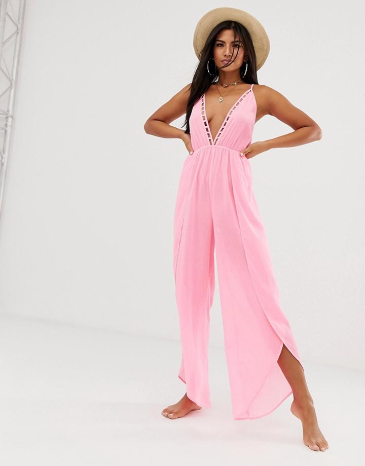 Asos Design Lattice Plunge Front Beach Jumpsuit In Neon Pink