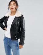Warehouse Fleece Collar Leather Look Jacket - Black
