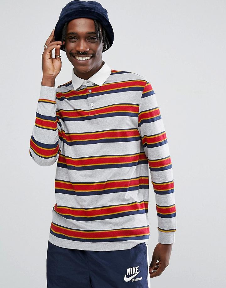 Asos Relaxed Long Sleeve Rugby Polo Shirt With Retro Stripe - Gray