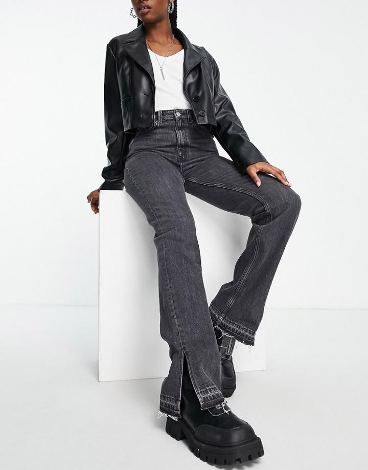 Weekday Rowe Cotton Straight Leg Slit Hem Jeans In Tar Black - Lblue