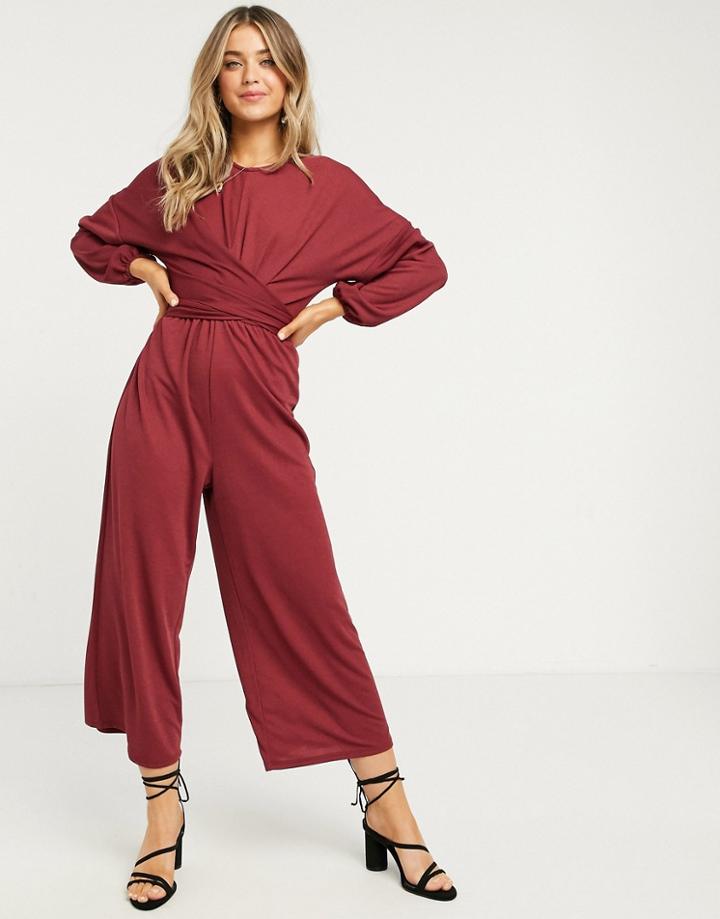 Asos Design Jersey X Front Wrap Long Sleeve Jumpsuit In Dark Plum-purple