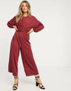 Asos Design Jersey X Front Wrap Long Sleeve Jumpsuit In Dark Plum-purple