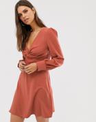 Unique21 Long Sleeve Front Gathered Dress-orange
