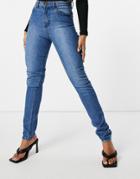 Femme Luxe Straight Leg Jean With Distressed Bum Detail In Mid Wash-blues