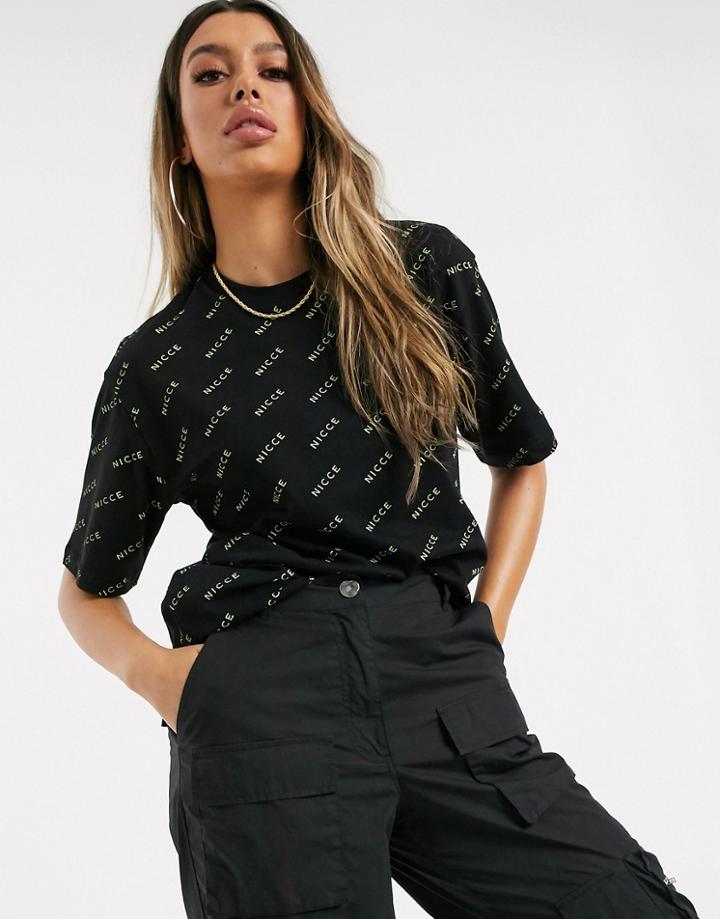 Nicce Relaxed T-shirt With All Over Logo-black