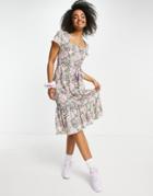 Qed London Tie Waist Midi Dress With Frill Hem In Floral Print-purple