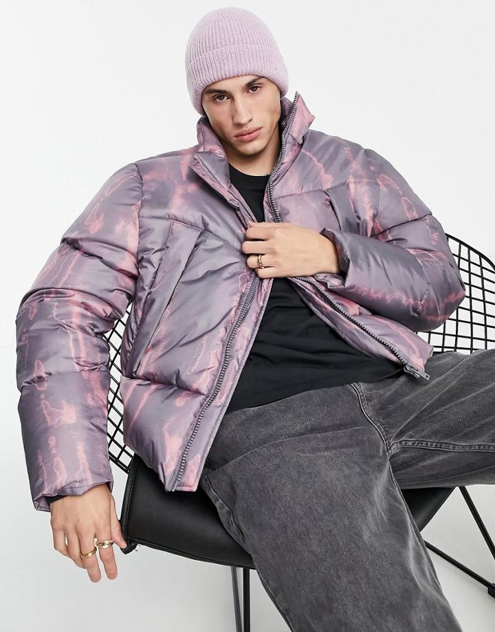 Asos Design Puffer Jacket In Purple Tie Dye
