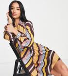 Asos Design Petite Wrap Mini Dress In Brown Yellow Stripe-multi