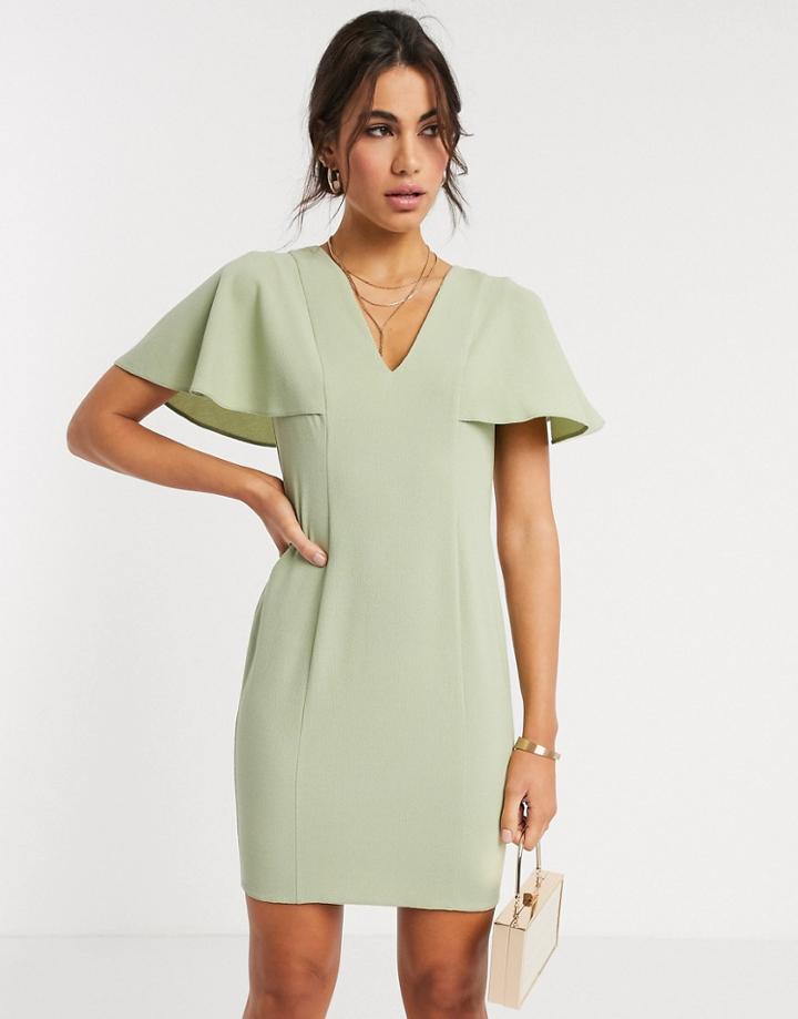 Asos Design Angel Sleeve V Neck Mini Shift Dress In Sage Green