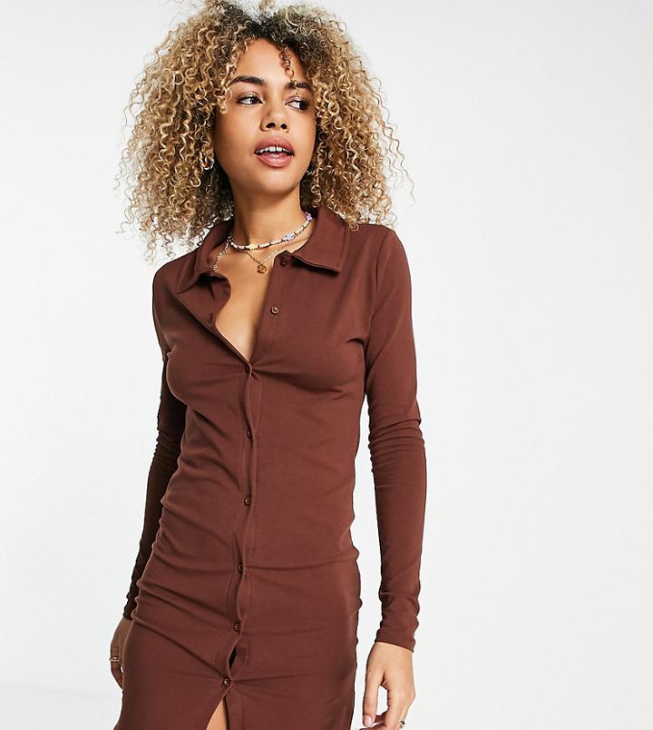 Noisy May Exclusive Mini Ruched Shirt Dress In Brown