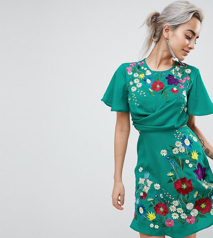 Asos Petite Ultimate Embroidered Cut Out Mini Tea Dress - Multi