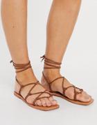 London Rebel Square Toe Strappy Tie Up Flat Sandals In Tan-brown