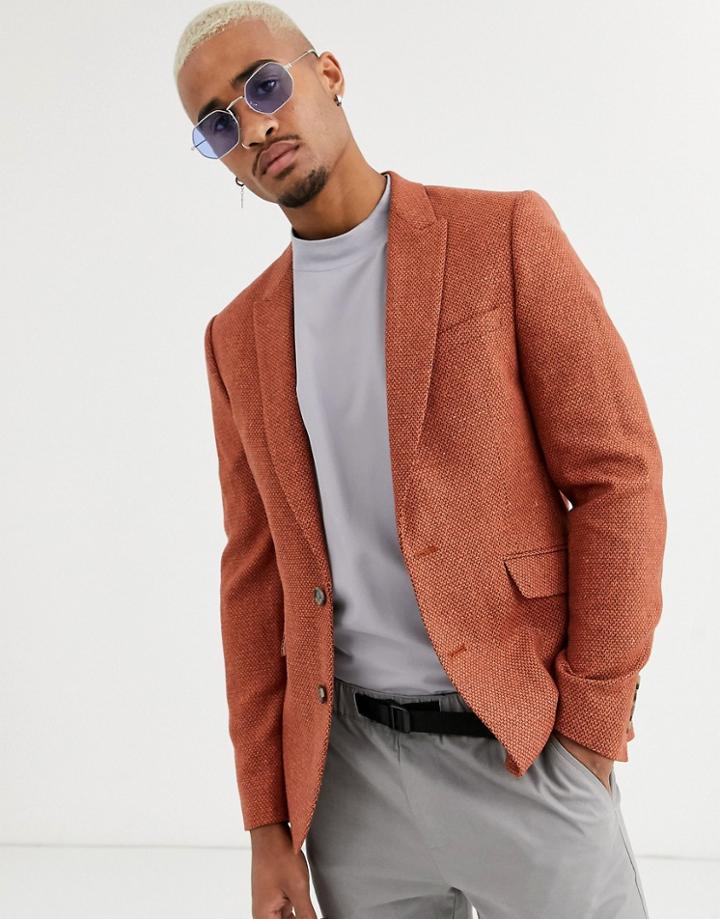 Asos Design Slim Blazer In Rust With Texture-tan