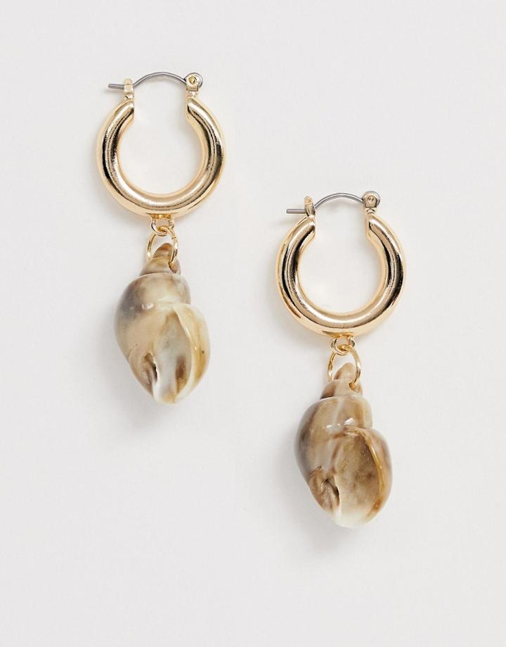 Asos Design Hoop Earrings With Faux Shell Charm In Gold Tone - Gold