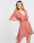 Asos Design Cape Back Dipped Hem Mini Dress In Rose-pink