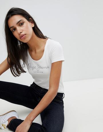 Pepe Jeans Studded Heritage Logo T-shirt - White