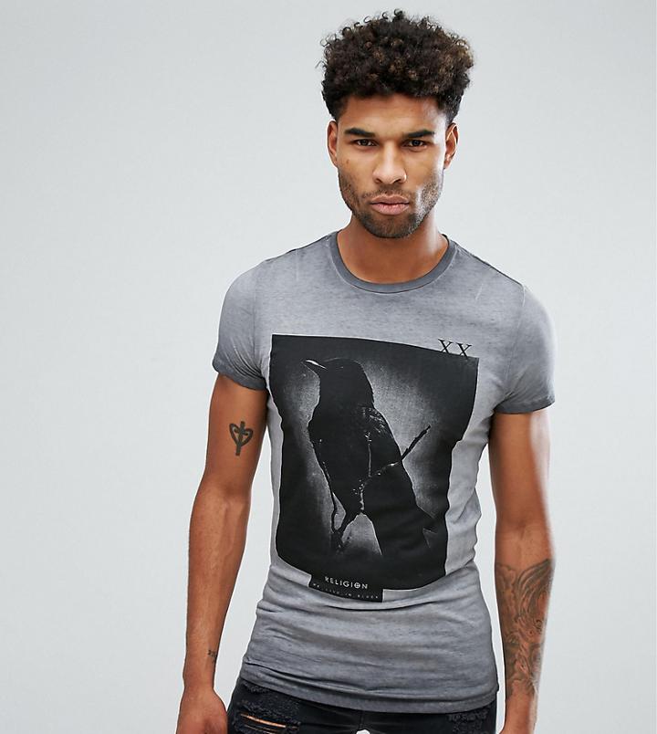 Religion Tall T-shirt With Raven Print In Washed Gray - Gray