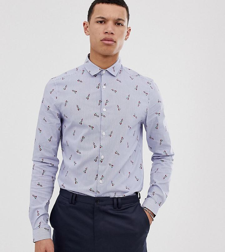 Asos Design Stretch Slim Smart Stripe Shirt With Floral - Navy