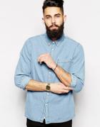 Asos Denim Shirt In Long Sleeve With Mid Wash - Blue