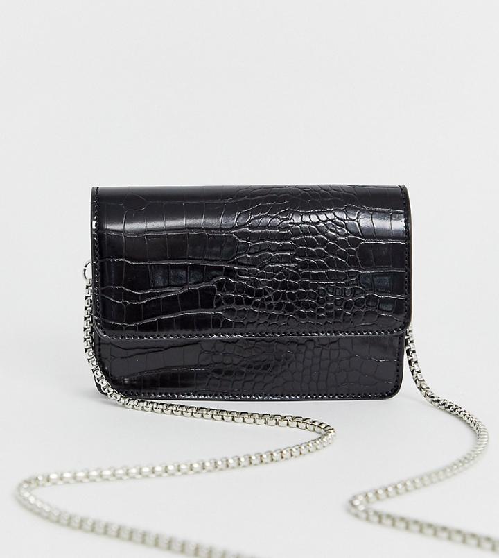 Glamorous Black Mock Croc Crossbody With Chain Strap