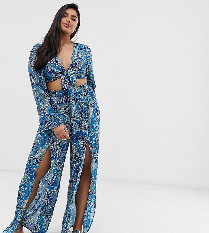 Asos Design Curve Split Front Beach Pants In Washed Paisley Print Two-piece - Multi