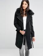 Brave Soul Longline Belted Coat With Faux Fur Trim - Black