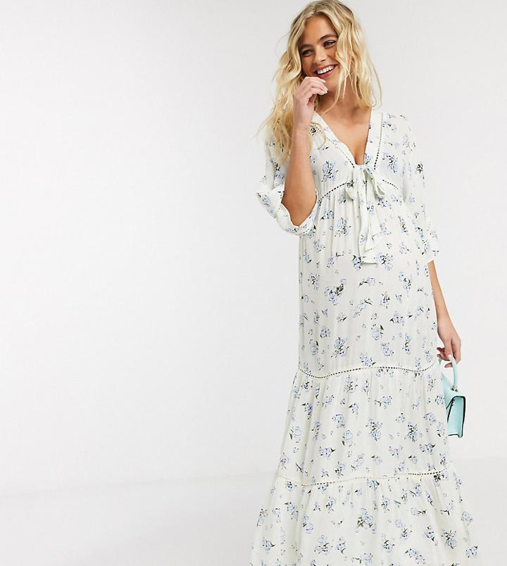 Asos Design Maternity Lace Insert Tie Front Maxi Dress With Kimono Sleeve In Ditsy Floral Print-multi