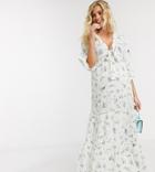 Asos Design Maternity Lace Insert Tie Front Maxi Dress With Kimono Sleeve In Ditsy Floral Print-multi