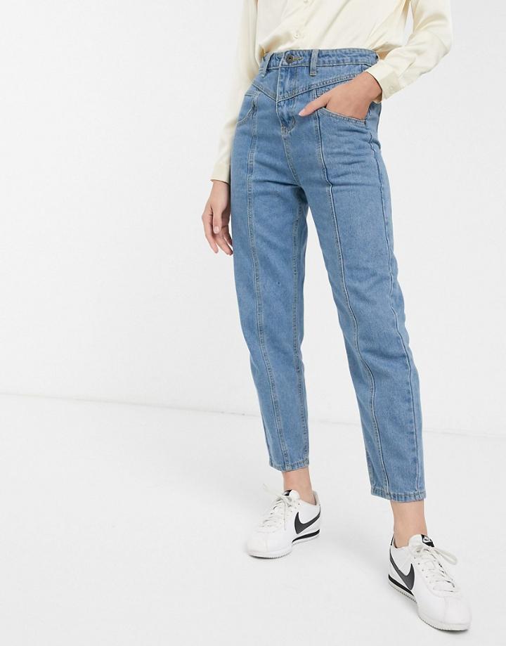 Fae Indigo Blue 80s Stitching High Waisted Mom Jeans-black