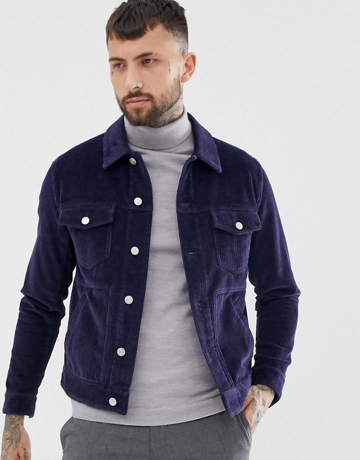 Asos Design Denim Jacket In Navy Cord - Navy