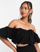 Asos Edition Puffball Off-the-shoulder Top In Black Linen - Part Of A Set
