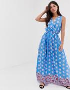 Parisian Wrap Front Border Print Maxi Dress - Blue