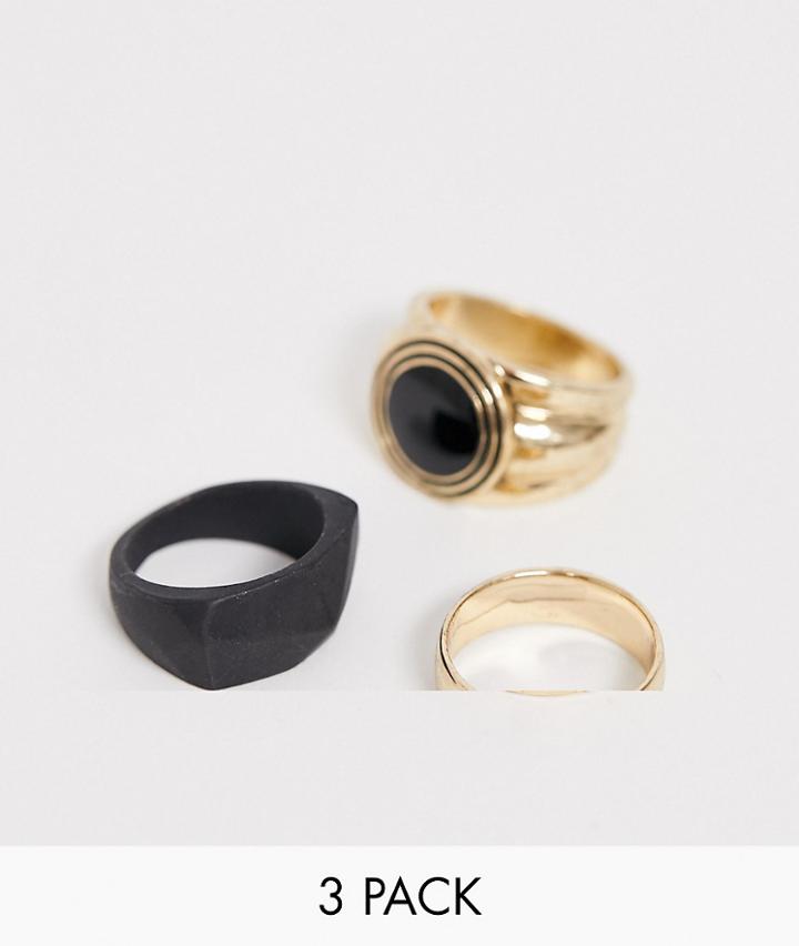 Bershka Ring 3-pack In Gold And Black - Gold
