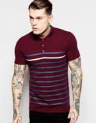 Asos Muscle Polo With Stripe Print In Burgundy - Burgundy