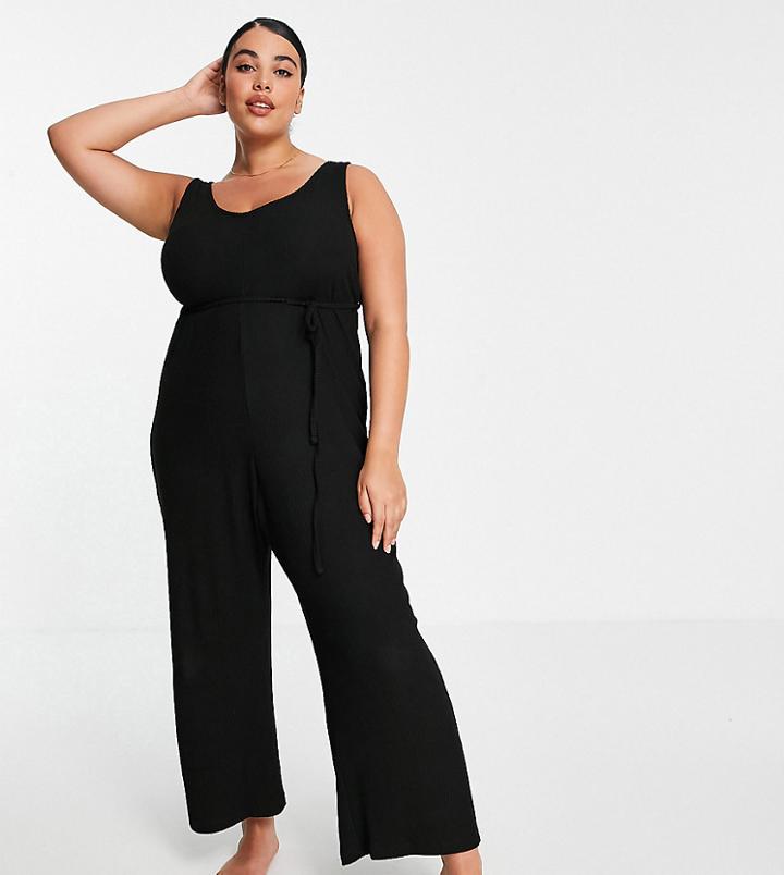 Asos Design Curve Mix & Match Lounge Super Soft Rib Jumpsuit With Waist Tie In Black