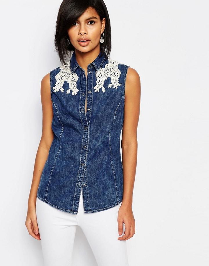 Vero Moda Lace Detail Sleeveless Denim Shirt - Denim