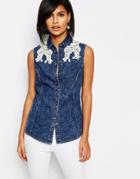 Vero Moda Lace Detail Sleeveless Denim Shirt - Denim
