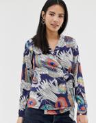 Brave Soul Wrap Front Blouse In Navy Floral - Navy