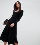 Asos Design Tall Scoop Neck Rib Midi Dress With Asymmetric Skirt - Black