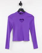 Monki Organic Cotton Cut Out Heart Long Sleeve Top In Purple