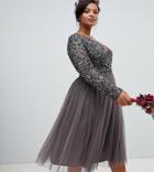 Maya Plus Long Sleeve Wrap Front Midi Dress With Delicate Sequin And Tulle Skirt In Charcoal - Gray